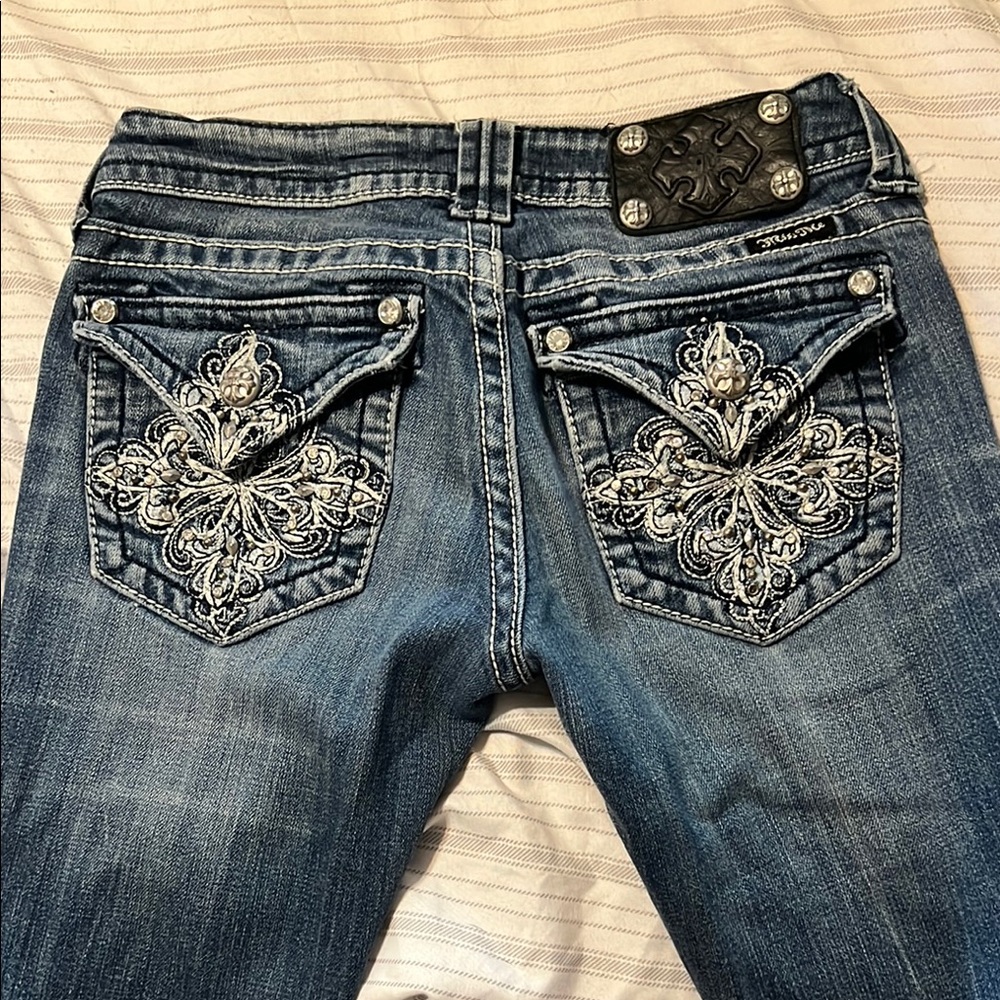 Miss Me Blue Boot Cut Jeans with Ornate Embroidery